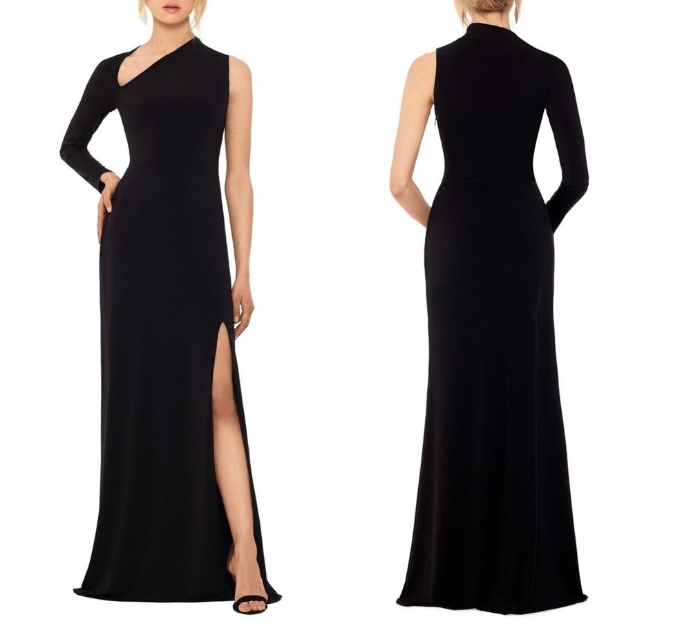 Betsy & Adam Black Asymmetrical Neck One Sleeve Long Slit Evening Gown Size 10 - Picture 1 of 10